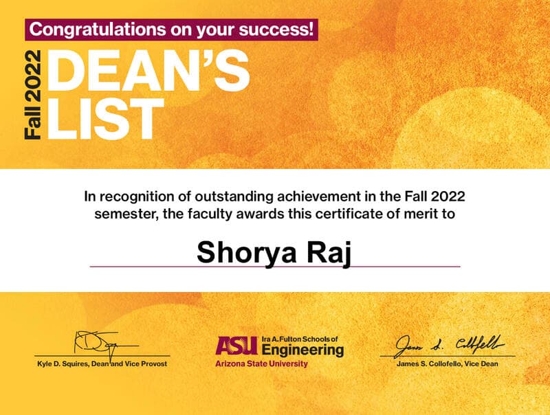 Fall 2022 Dean's List Certificate