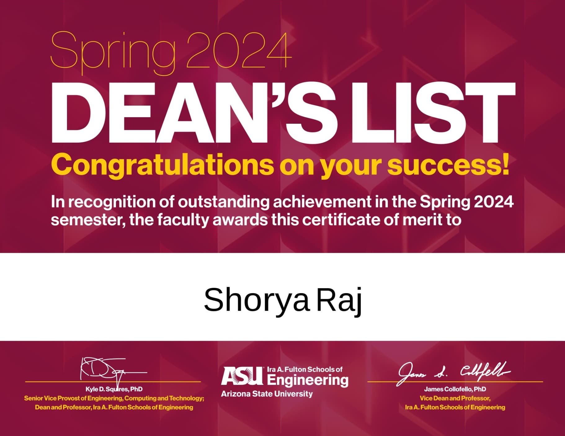 Spring 2024 Dean's List Certificate